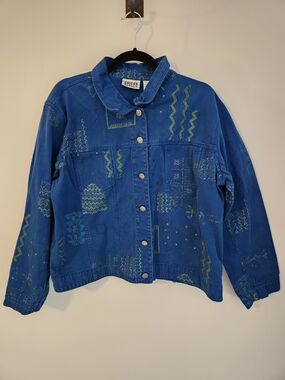 Chicos Vintage Jean Jacket Royal Blue Paint Beads Button-up Cotton Y2K Aztec XL